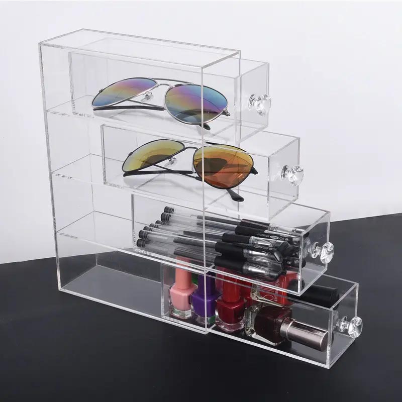 The acrylic glasses storage box has a drawer display stand