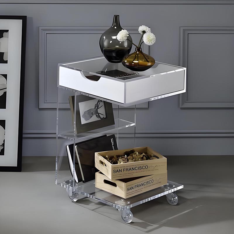 Custom-made acrylic storage bookshelves with wheels and bedside tables