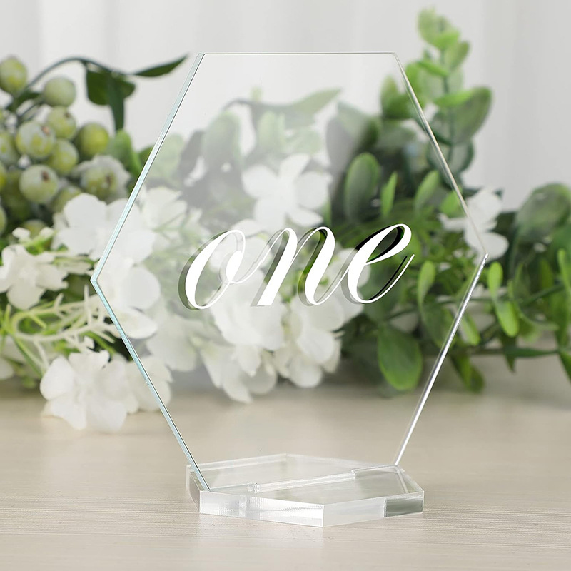 Customized 6-sided acrylic wedding table signs by the manufacturer